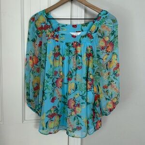 LC Lauren Conrad Light Blue Fruity Print Sheer Chiffon Blouse